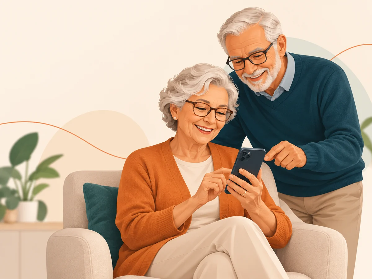 Casal de idosos sorrindo enquanto usa um celular, com autonomia e tranquilidade